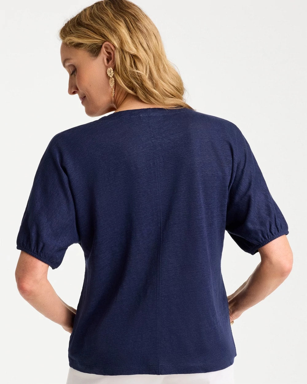 Passport Blue Linen Ruched V-Neck Tee