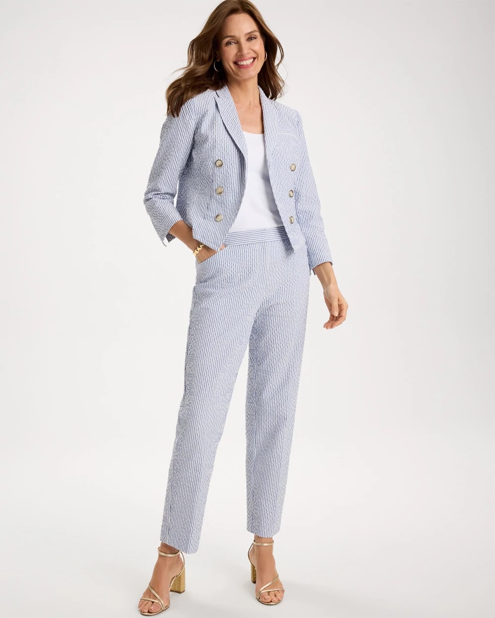 Blue Striped Seersucker Straight Ankle Pants