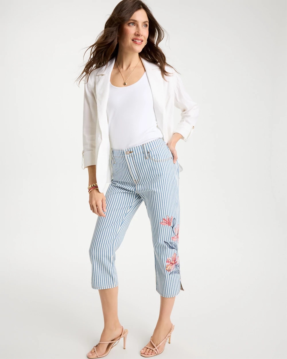 Blue Stripe Girlfriend Slim Striped Capri Jeans