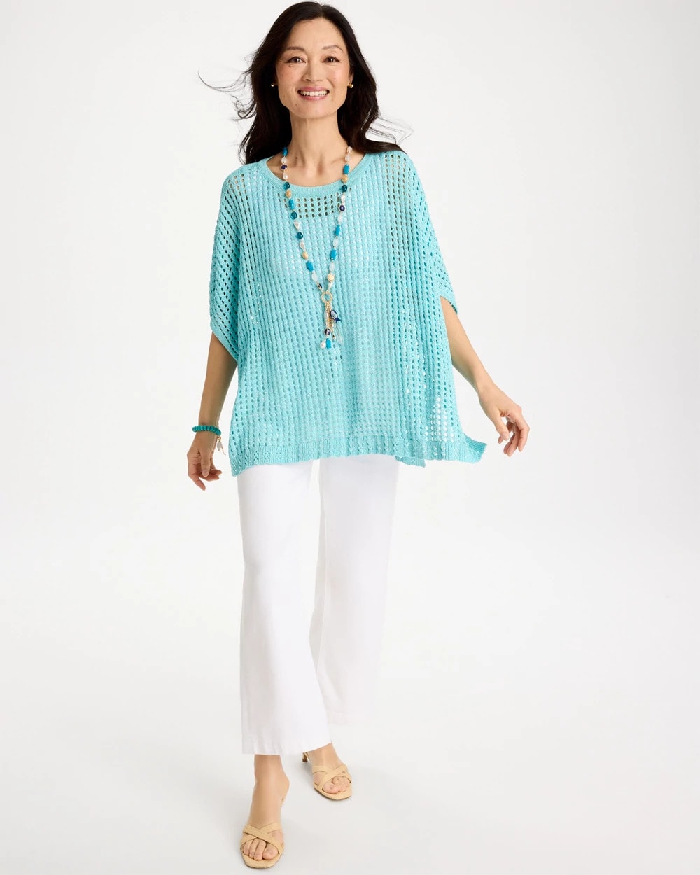 Bondi Blue Lurex Open-Stitch Sweater Poncho