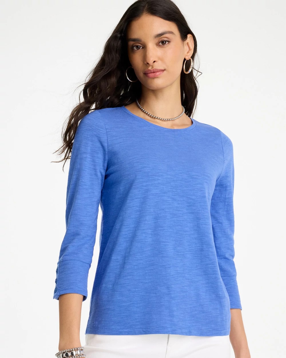Amparo Blue Cotton Slub 3/4 Sleeve Button Tee