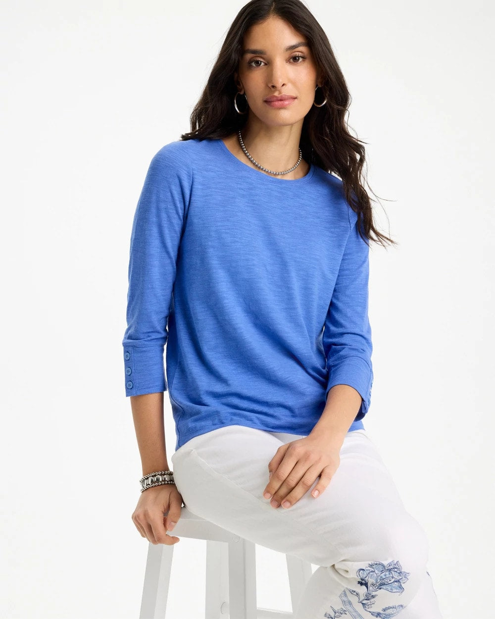 Amparo Blue Cotton Slub 3/4 Sleeve Button Tee