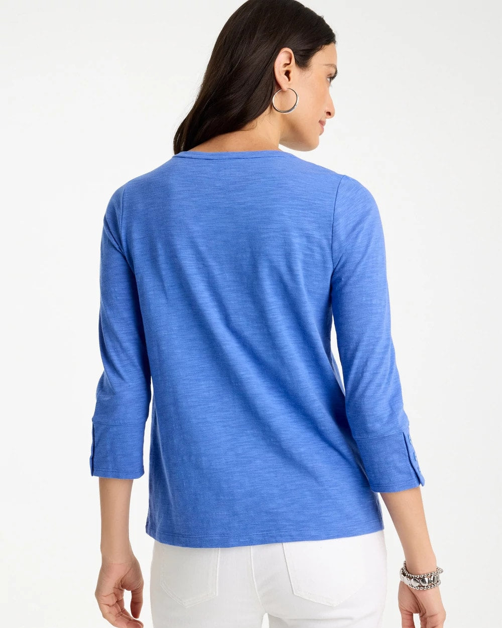 Amparo Blue Cotton Slub 3/4 Sleeve Button Tee