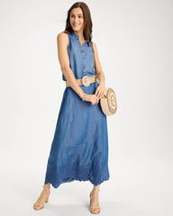 Pearl Indigo Indigo Twill Embroidered Hem Skirt