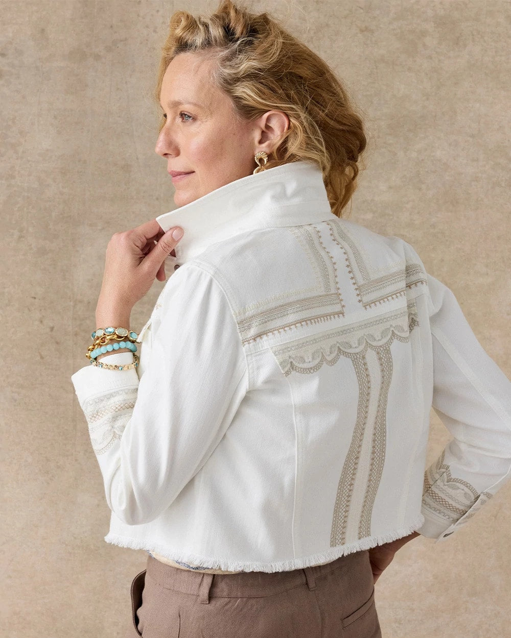 Alabaster Embroidered Cropped Denim Trucker Jacket