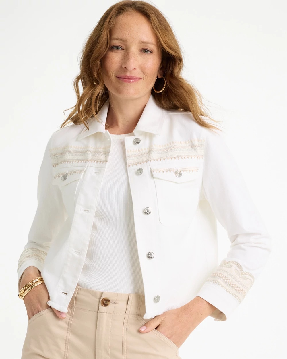 Alabaster Embroidered Cropped Denim Trucker Jacket