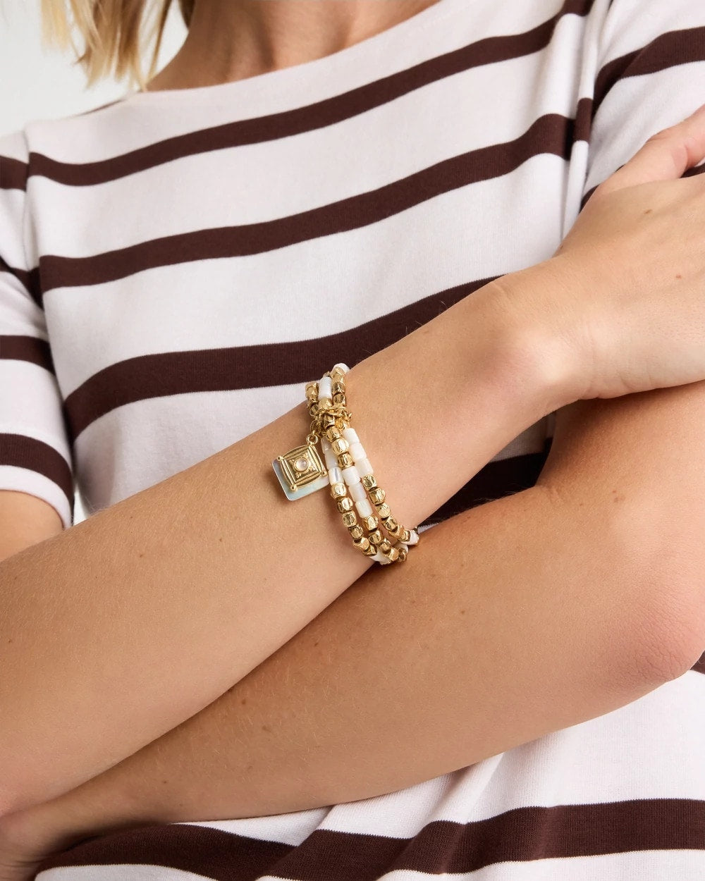 Gold Set of 3 Pearl Treasure Stretch Bracelets