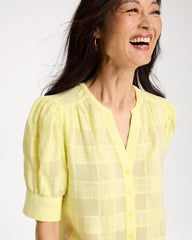 Sage Lime Cotton Plaid Elbow-Sleeve Shirt