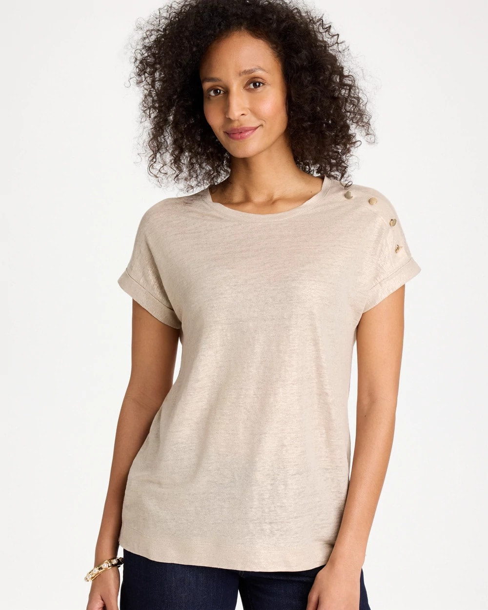 Smokey Taupe Foiled Linen Button Tunic