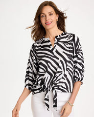 Black Satin Animal Print Tie-Front Top