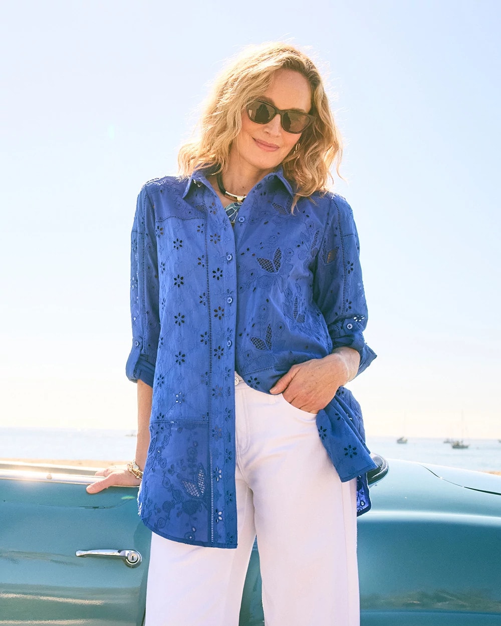 Amparo Blue Embroidered Trapunto-Trim Tunic