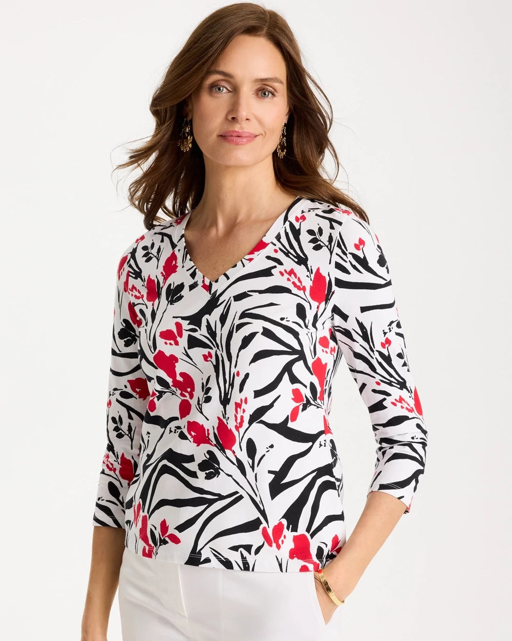 Black Cotton Stretch 3/4 Sleeve Floral Tee