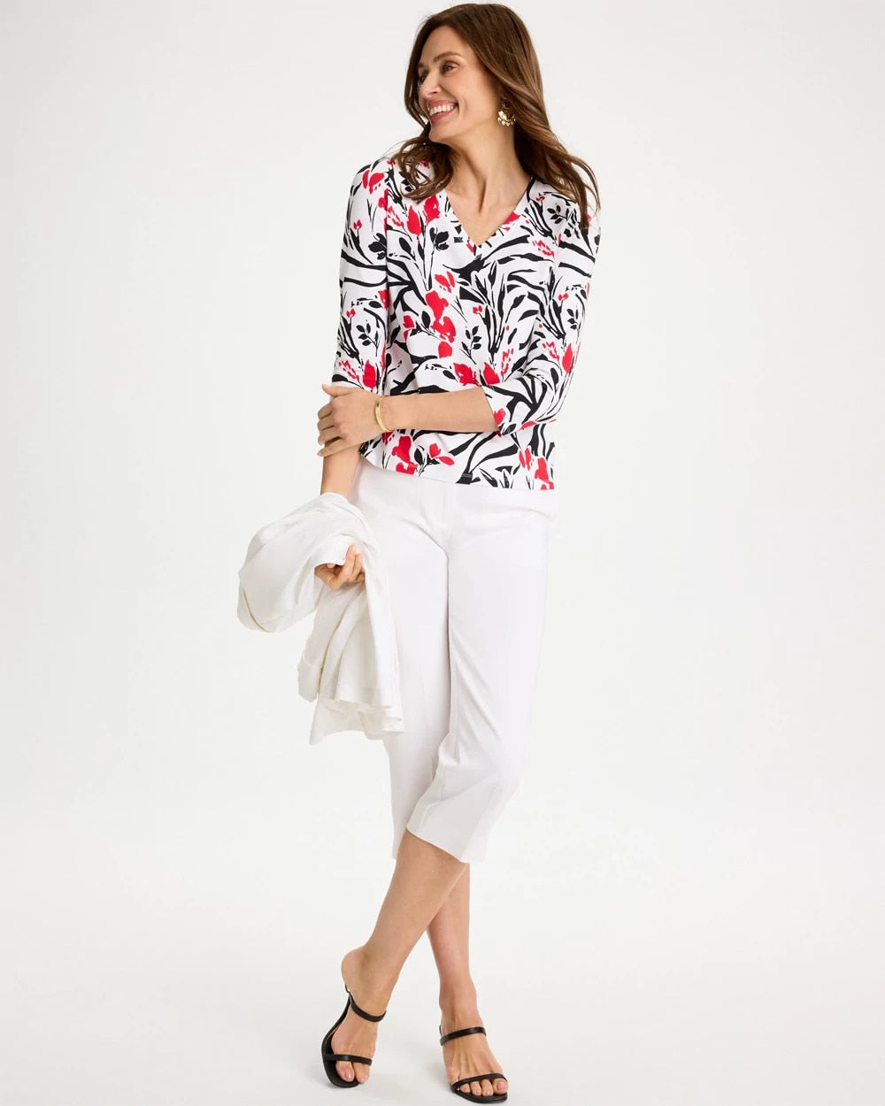 Black Cotton Stretch 3/4 Sleeve Floral Tee