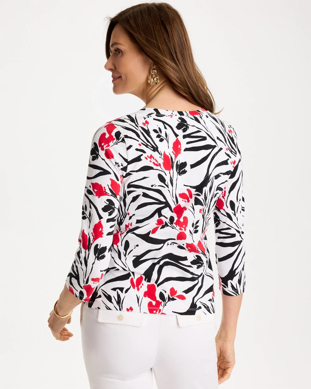 Black Cotton Stretch 3/4 Sleeve Floral Tee