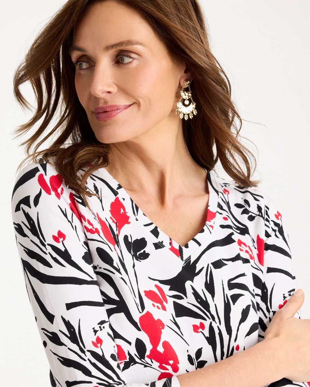 Black Cotton Stretch 3/4 Sleeve Floral Tee