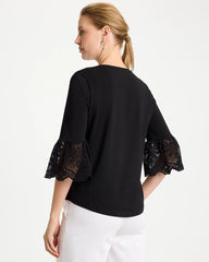 Black Cotton Lace Flutter Sleeve Tee