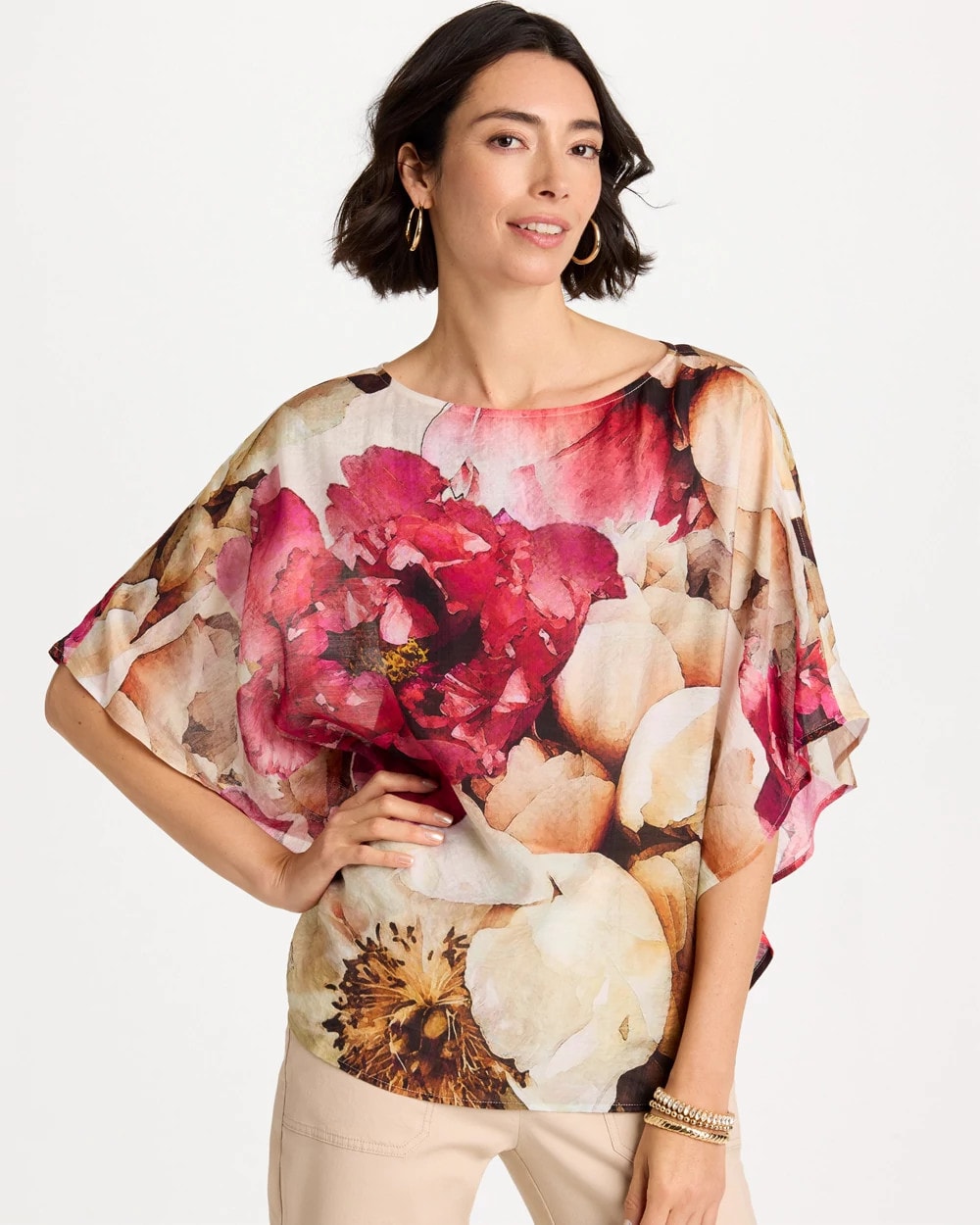 Ecru Boatneck Printed Poncho