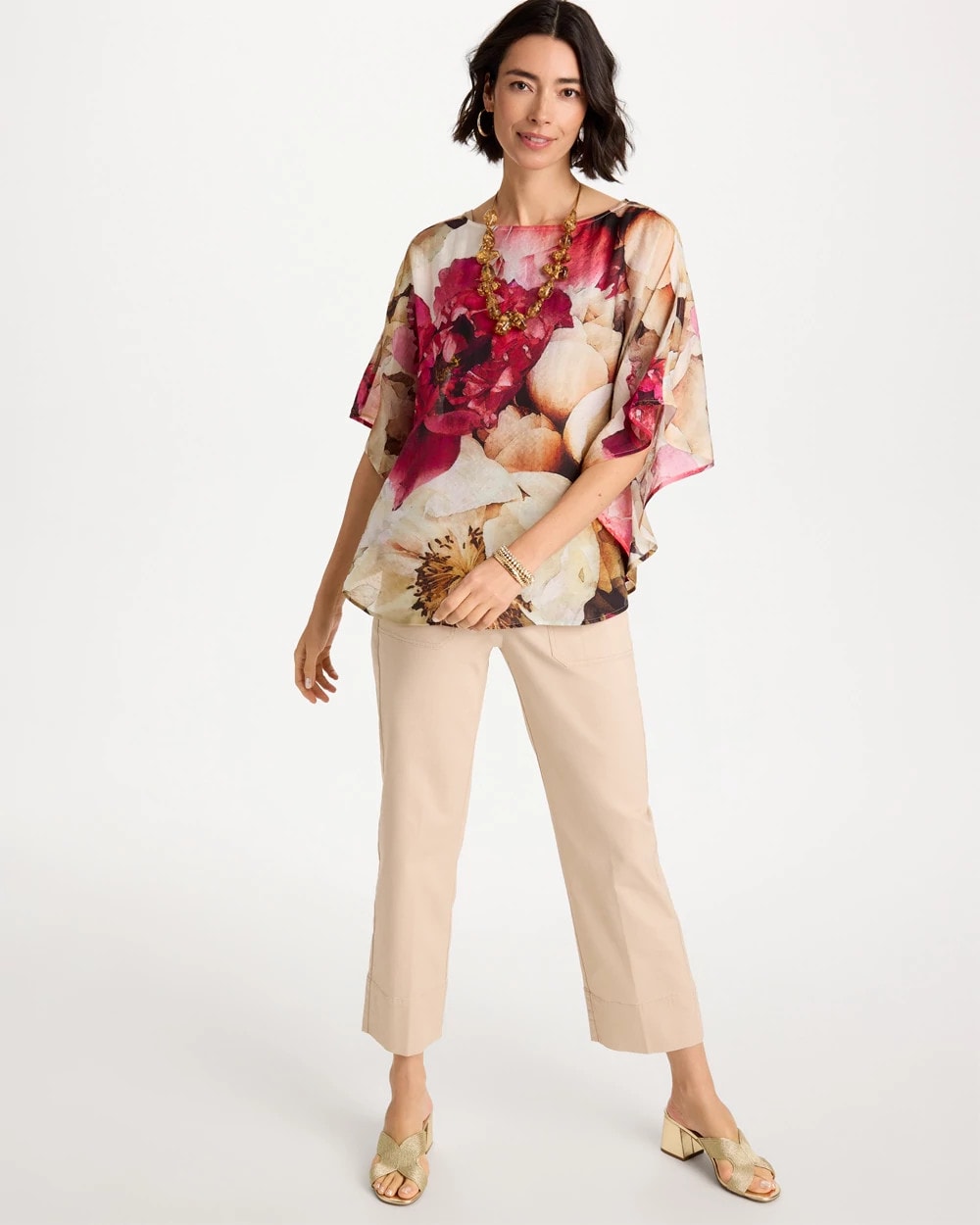 Ecru Boatneck Printed Poncho