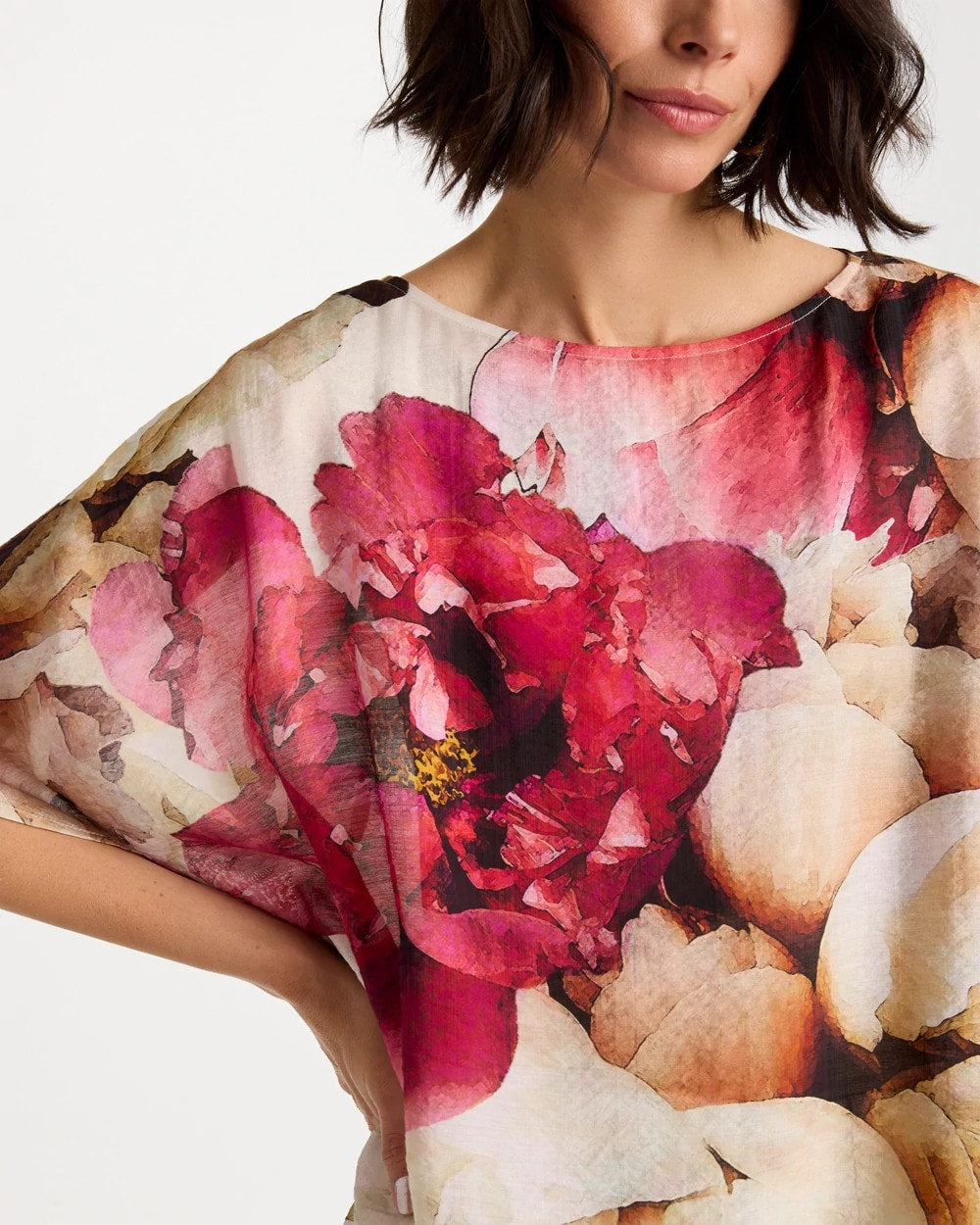 Ecru Boatneck Printed Poncho