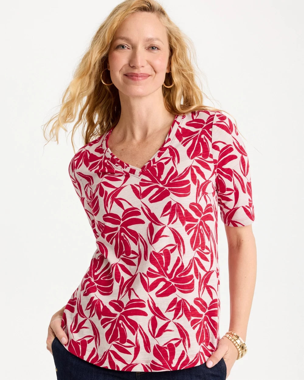 Cherry Lush Printed Cotton Slub V-Neck Tee