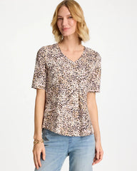 Cattail Brown Printed Cotton Slub V-Neck Tee