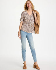 Cattail Brown Printed Cotton Slub V-Neck Tee