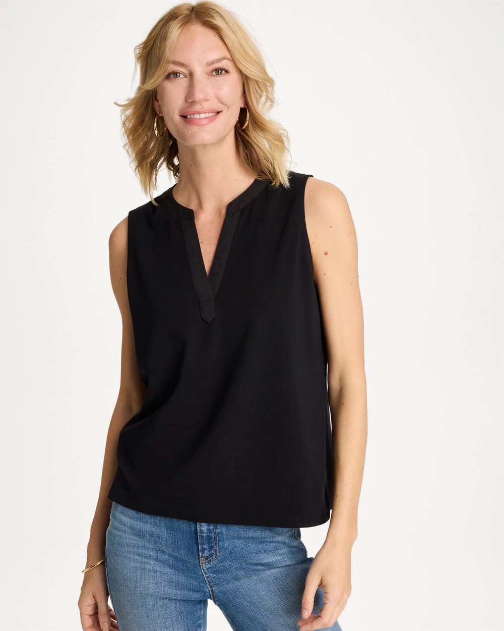 Black Cotton-Stretch Notch Neck Tank