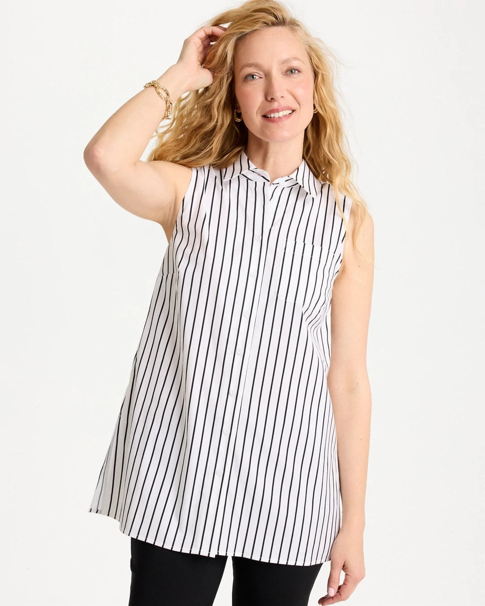 Black Poplin Cotton Collared Striped Tunic