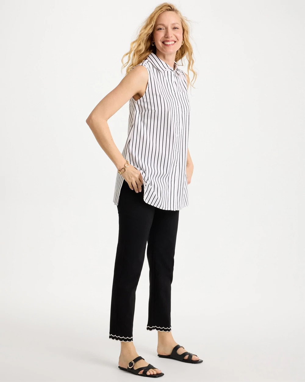 Black Poplin Cotton Collared Striped Tunic