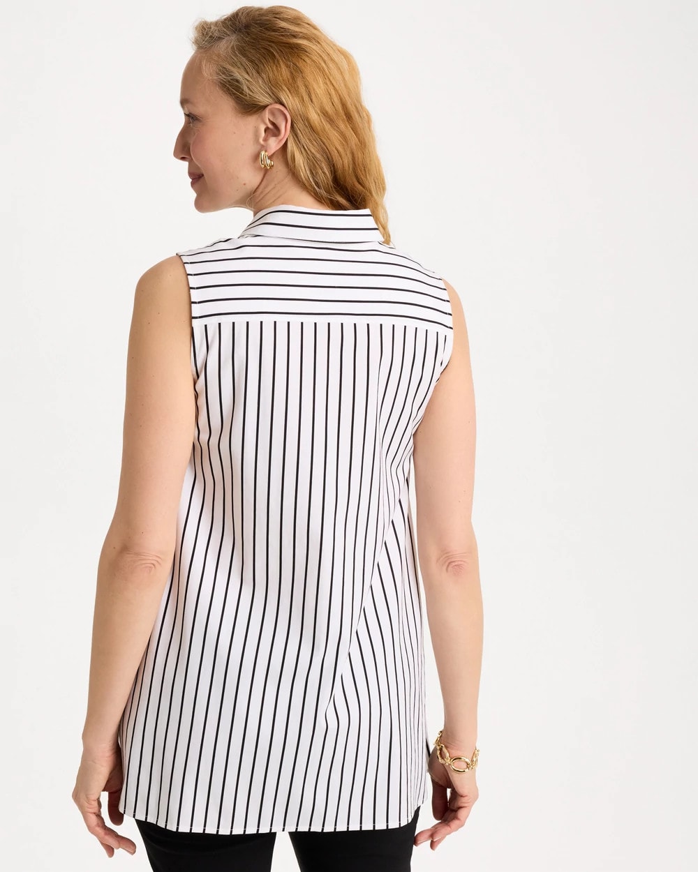 Black Poplin Cotton Collared Striped Tunic