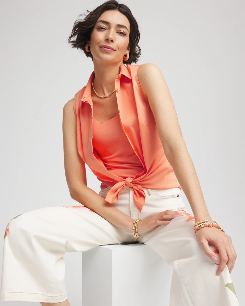 Sunset Peach No Iron™ Sleeveless Sateen-Stretch Shirt