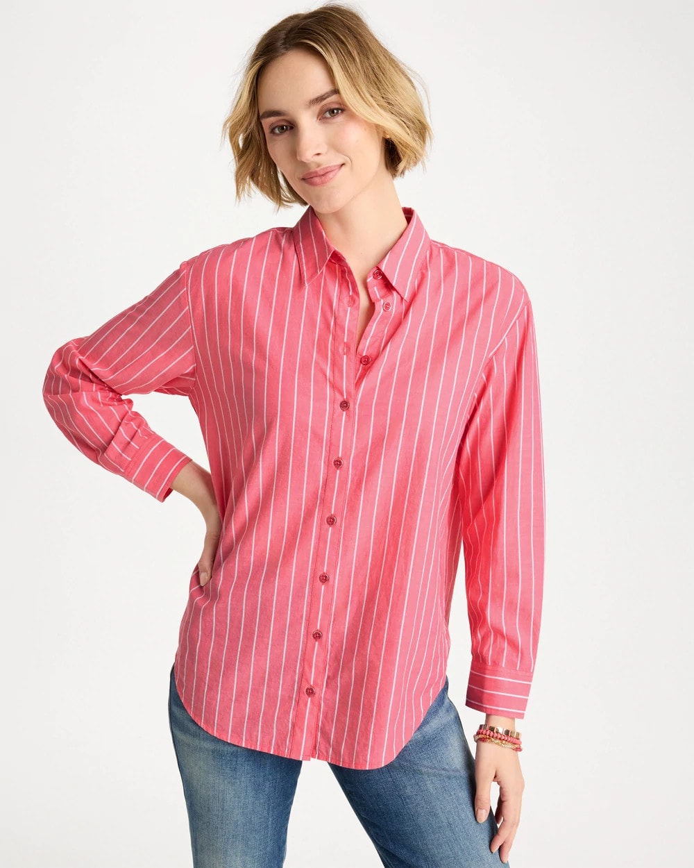 Calypso Coral Cotton Voile Collared Striped Shirt