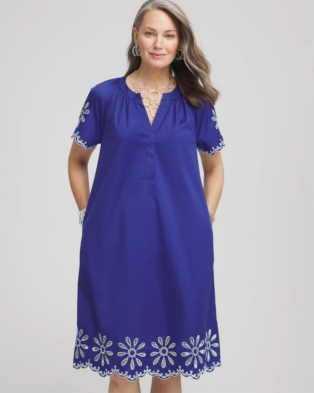 Blue Casa Embroidered Poplin Popover Dress