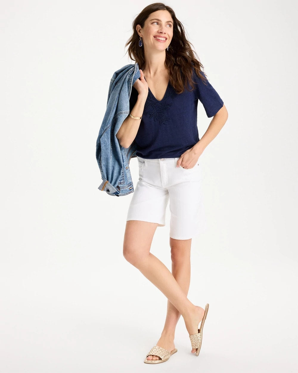 Passport Blue Flora Lace V-Neck Tee