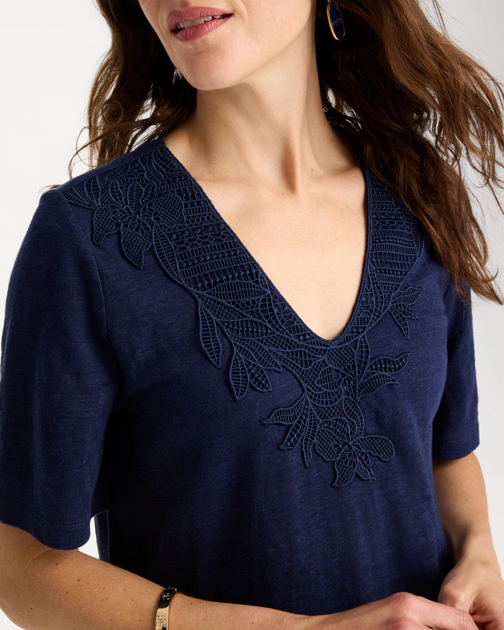Passport Blue Flora Lace V-Neck Tee