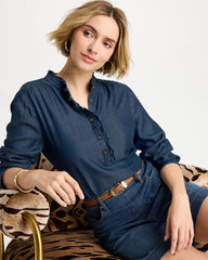 Solana Indigo Tencel Denim Ruffled Popover Shirt