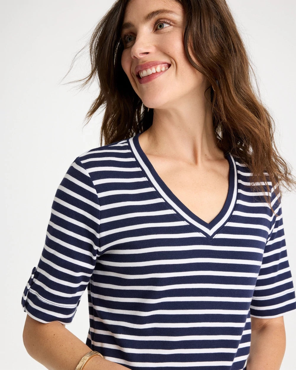 Passport Blue Pima Striped Elbow Sleeve Tee