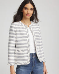 Ecru Striped Tweed Collarless Box Jacket