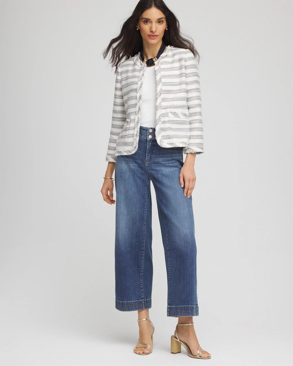 Ecru Striped Tweed Collarless Box Jacket