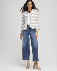 Ecru Striped Tweed Collarless Box Jacket