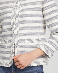 Ecru Striped Tweed Collarless Box Jacket