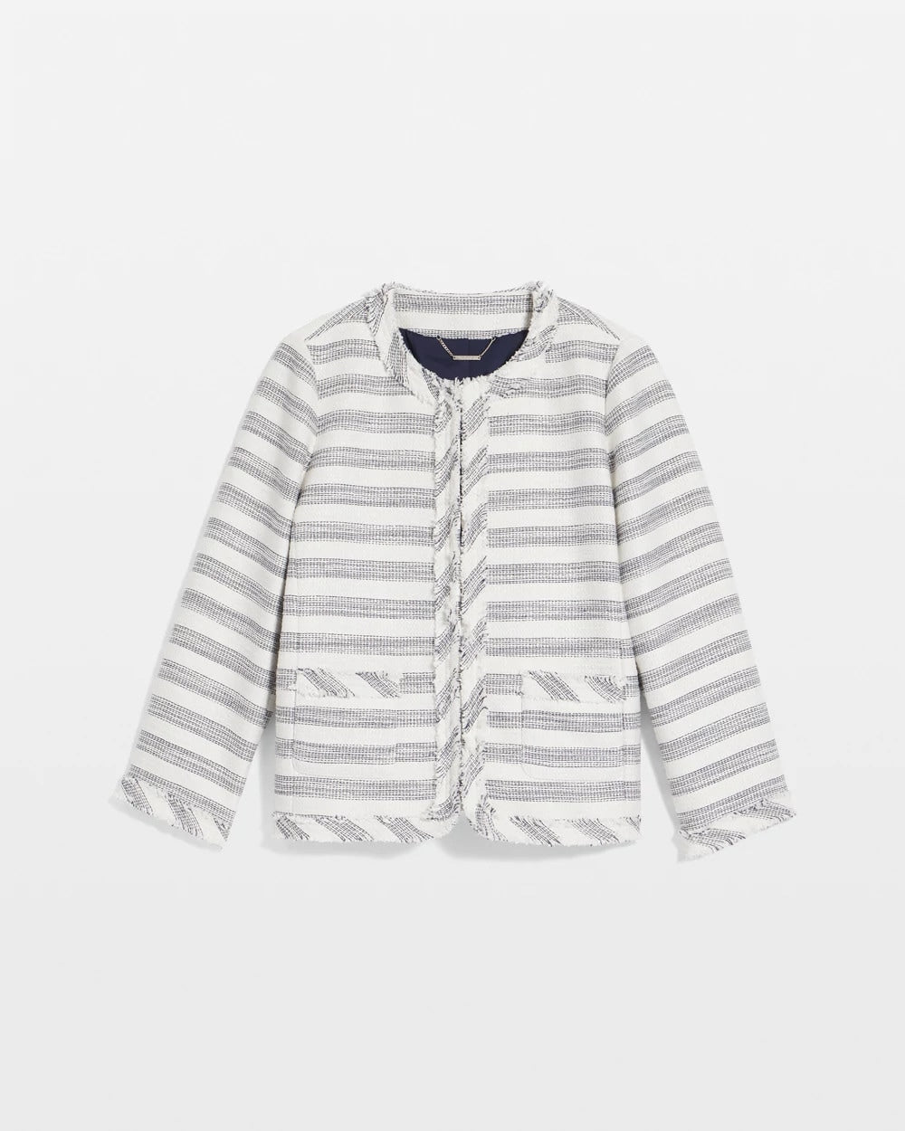 Ecru Striped Tweed Collarless Box Jacket