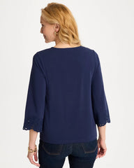Passport Blue Embroidered Hem Top