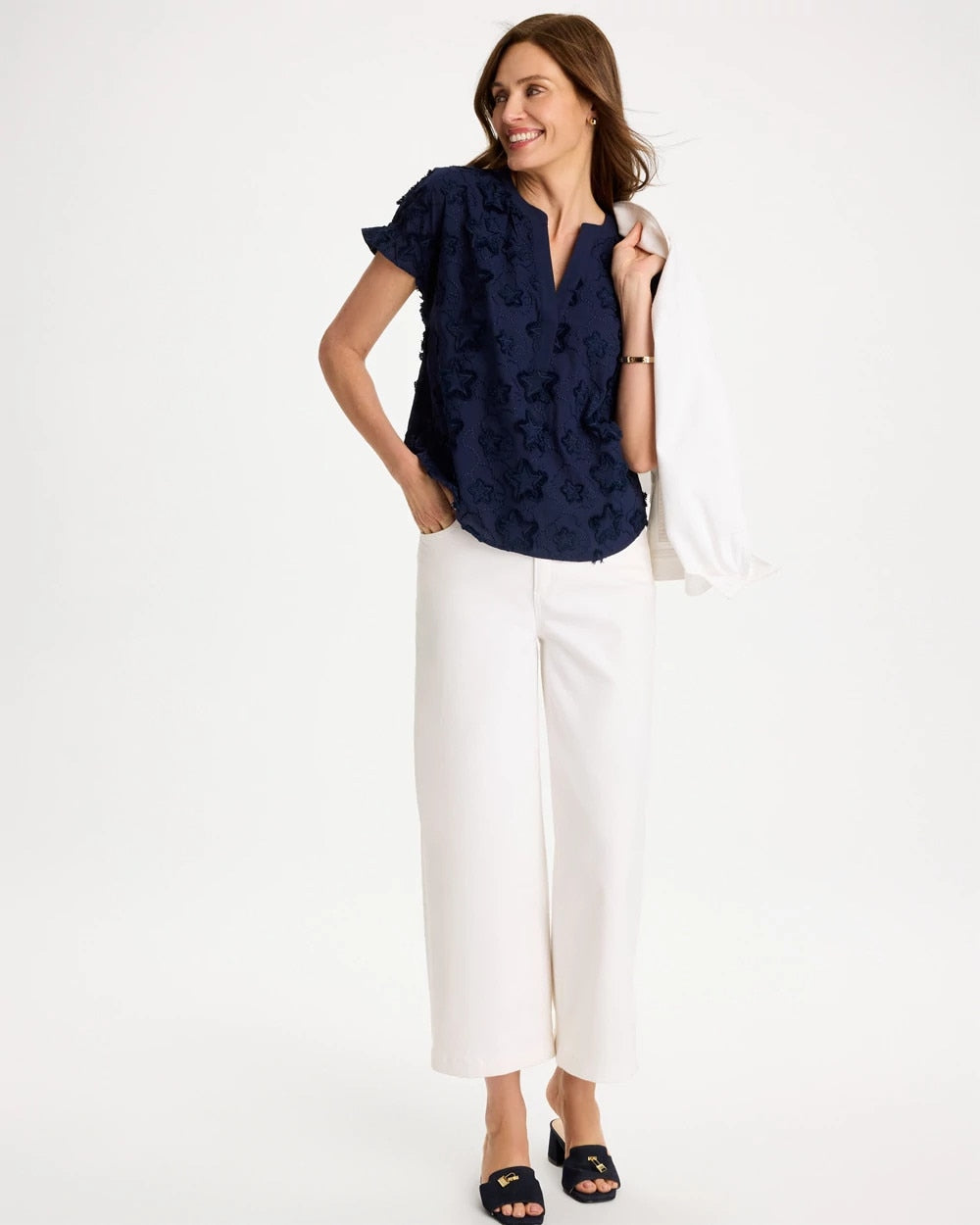 Passport Blue Cotton Embroidered Americana Star Blouse