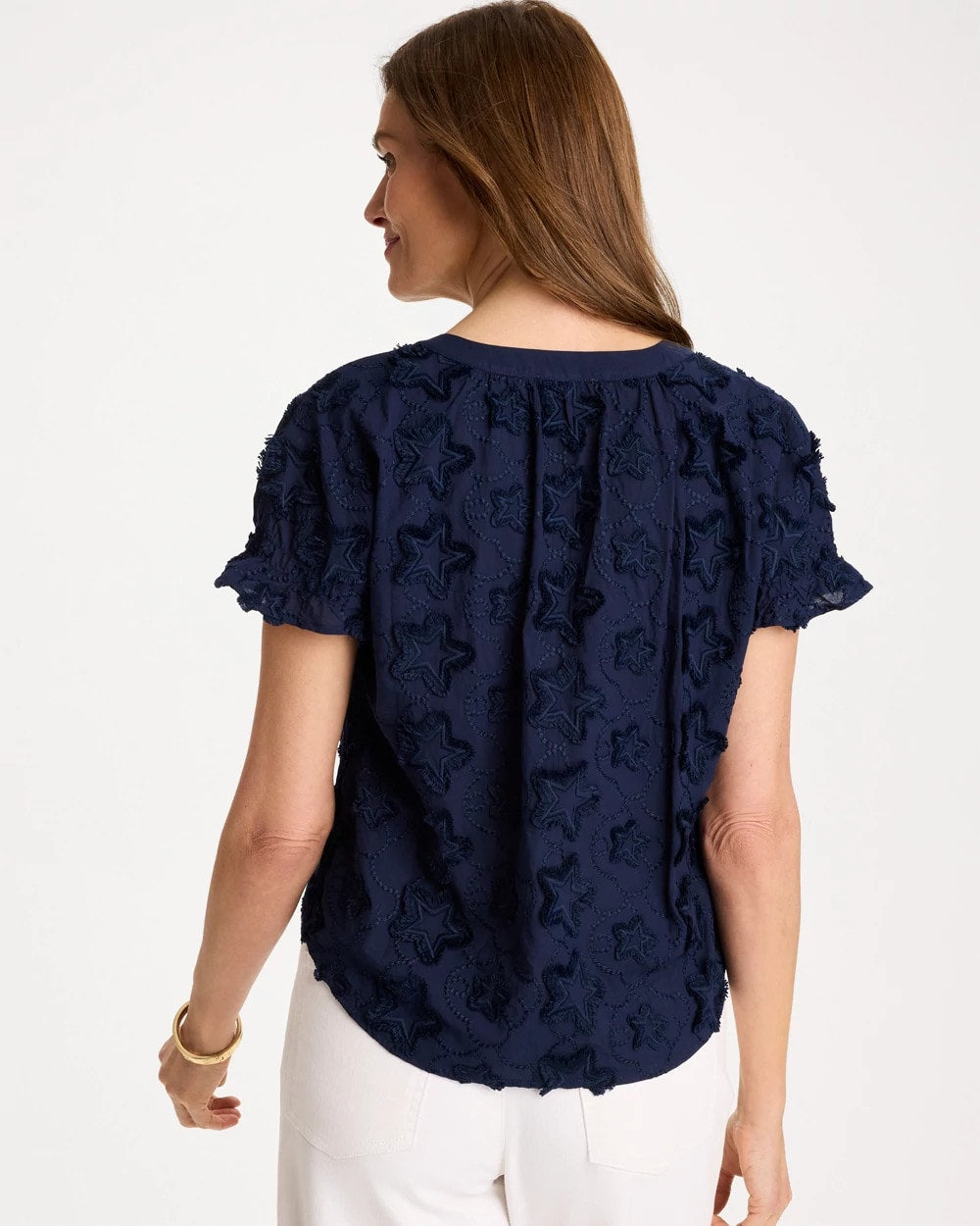Passport Blue Cotton Embroidered Americana Star Blouse