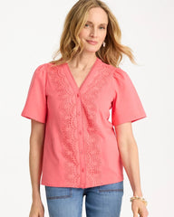 Calypso Coral Embroidered Button-Front Tee