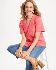 Calypso Coral Embroidered Button-Front Tee