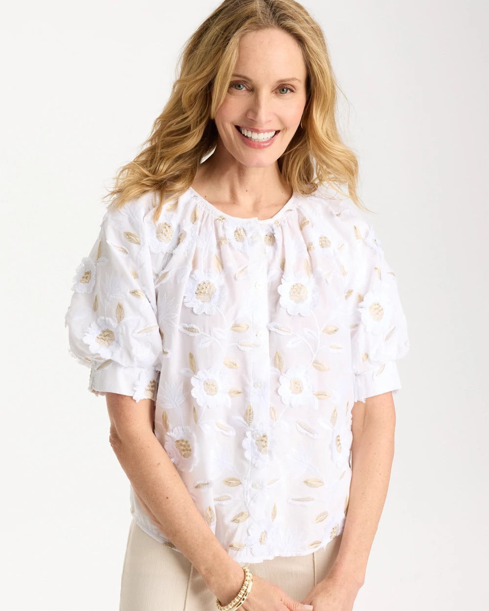 Alabaster Cotton Metallic Applique Embroidered Top