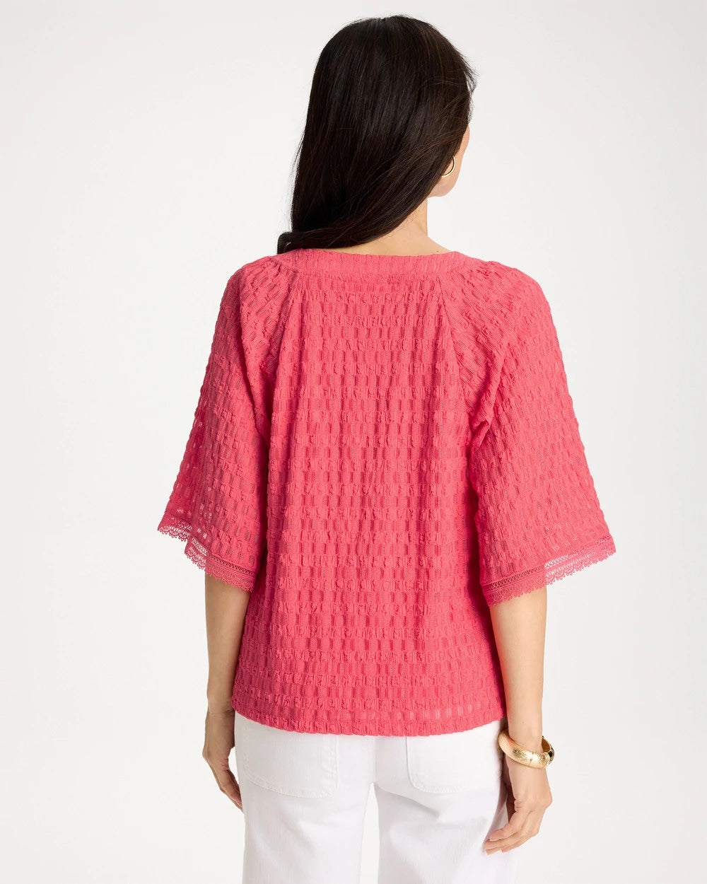Calypso Coral Crinkle Lace Knit Raglan Tee