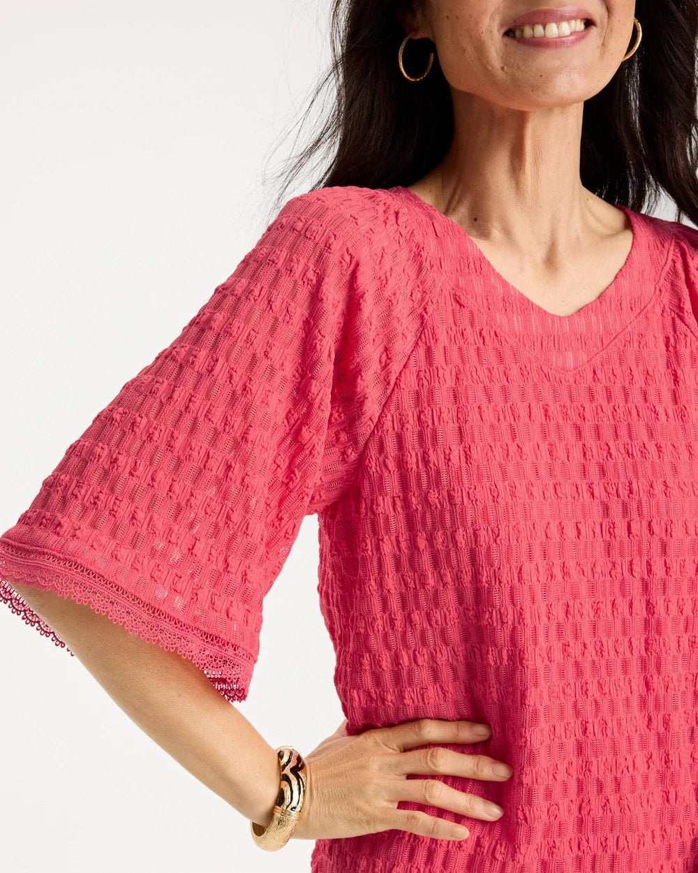 Calypso Coral Crinkle Lace Knit Raglan Tee